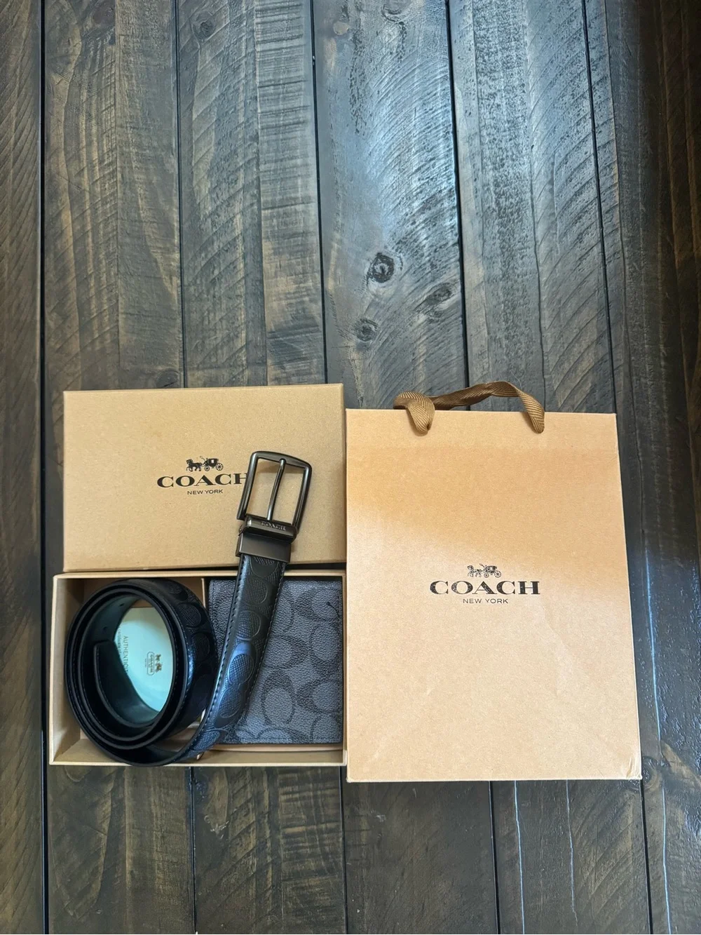 Coach Men’s Black and Brown Signature Canvas Belt and Wallet Set